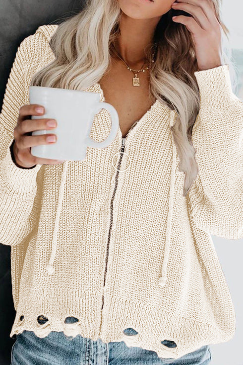 Zipper V-Neck Dropped Sleeve Hooded Solid Sweater